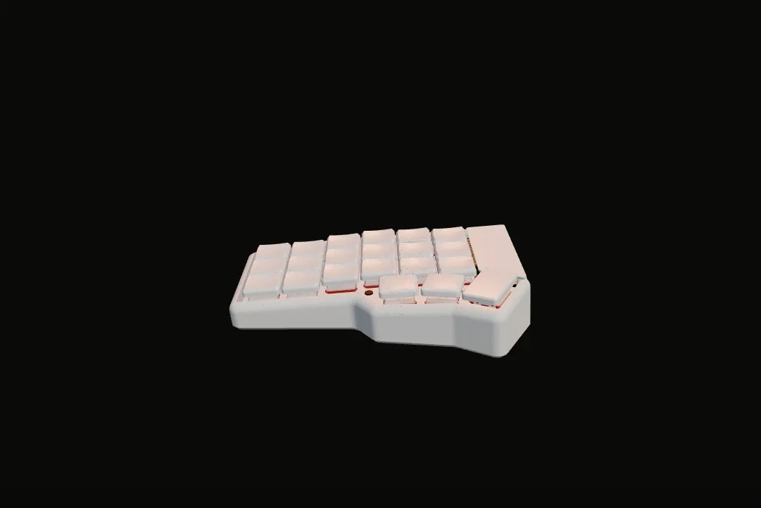 Corne wireless keyboard 3D CAD assembly exploded view showing keycaps, switches, top plate, PCB, microcontroller, and 3D printed enclosure.